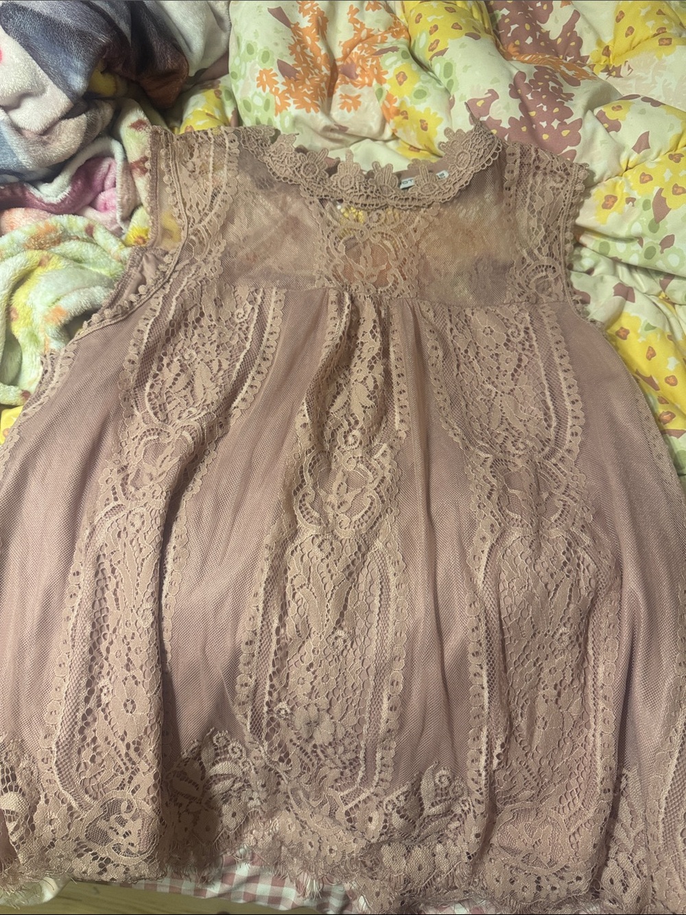 Women’s Lace Yoke Sleeveless Camisole in Dusty Mauve super Cute high neck.